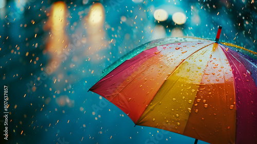 Colorful umbrella in the rain. Rainy weather in the city photo