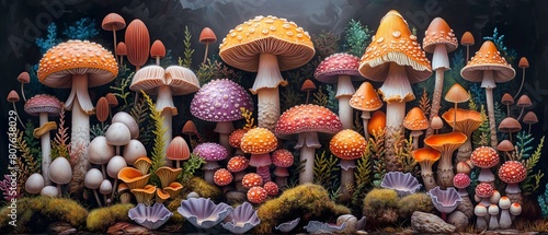 Types Of Mushrooms. Illustration On The Theme Of Nature, Mushrooms And The Macrocosm. Generative AI	
 photo