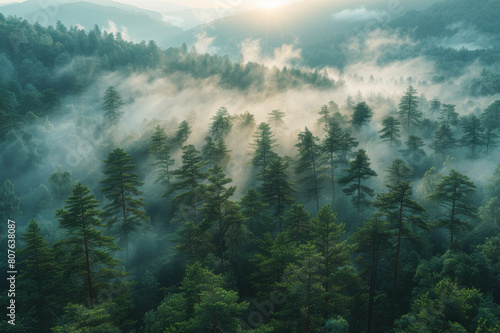 Ethereal lake view enveloped in morning fog  with a solitary boat.. AI generated.