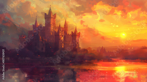 Digital painting of a medieval castle at sunset photo