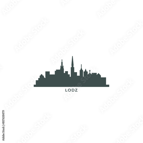 Lodz cityscape skyline city panorama vector flat modern logo icon. Poland town emblem idea with landmarks and building silhouettes. Isolated black graphic