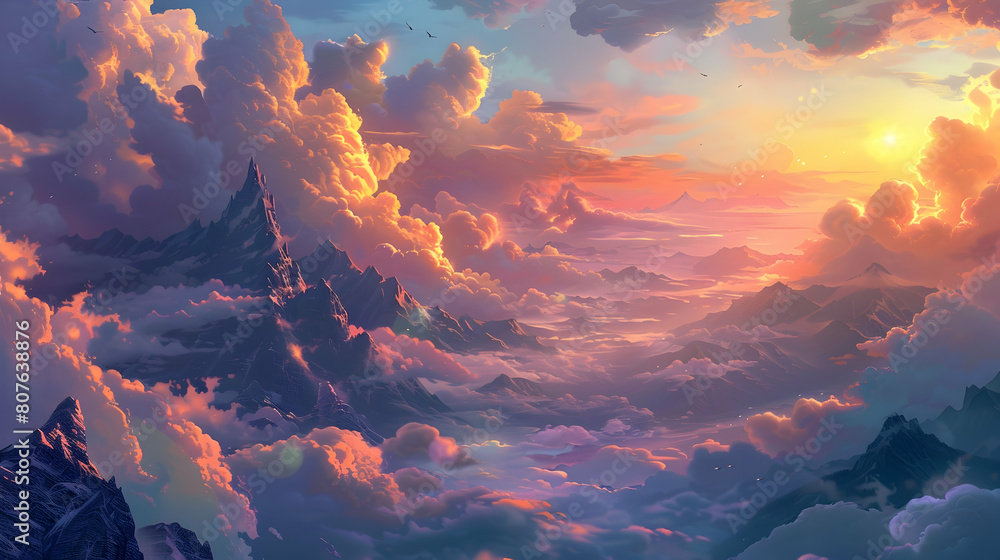 Fantasy landscape with mountains and clouds at sunset