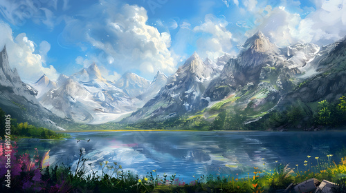 Fantasy landscape with mountains and lake