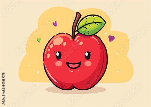 Cute Smiling Apple Cartoon Character with Hearts on Pastel Background