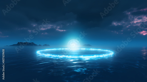 Glowing blue neon ring floating on water