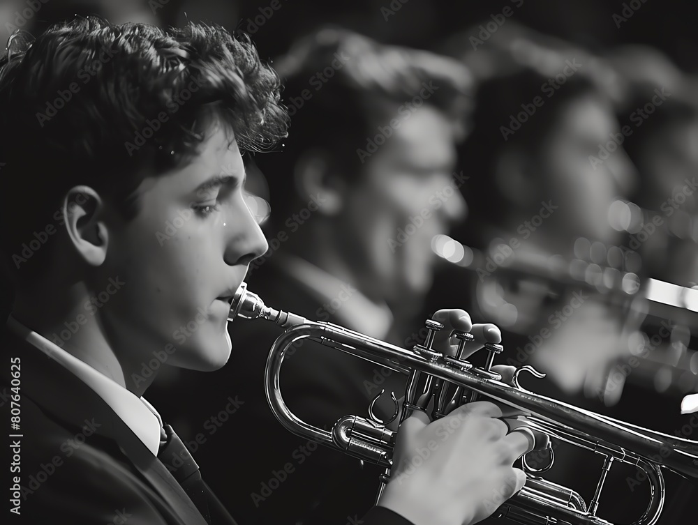 Obraz premium Young musician playing the trumpet in a jazz band.