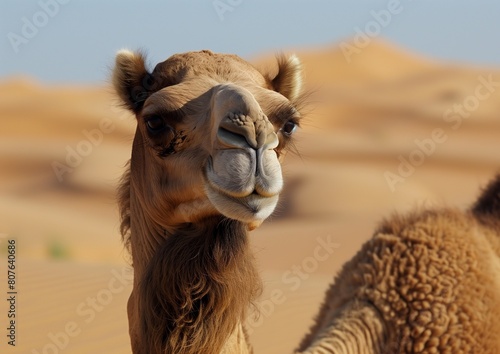 Close-Up Portrait of a Smiling Camel in Sunny Desert Environment