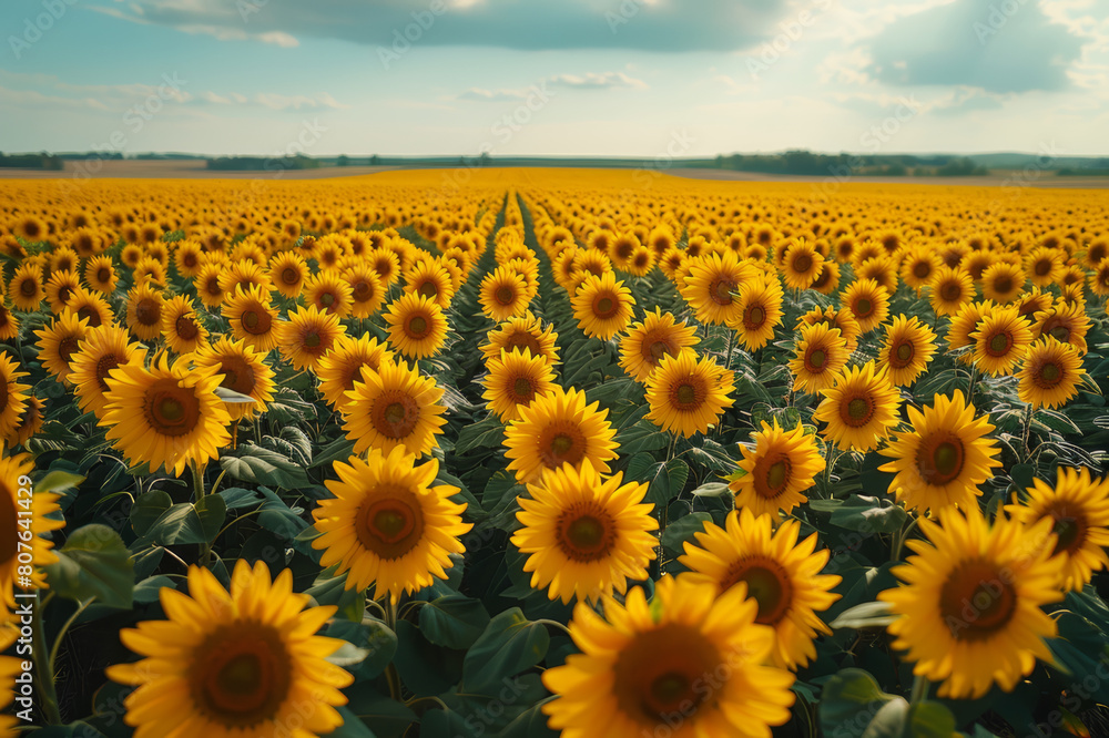 Obraz premium Aerial view of vast sunflower fields with blooms facing upwards towards the midday sun. AI generated.