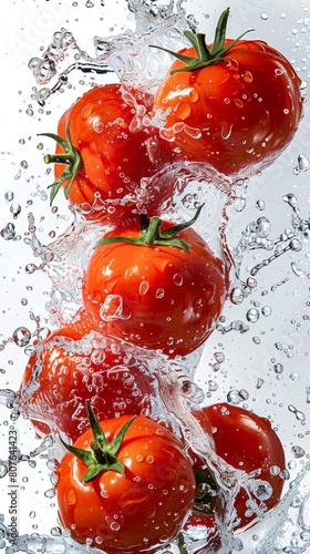 Fresh ripe tomatoes splashing in clear water against a white background, vibrant red color emphasized