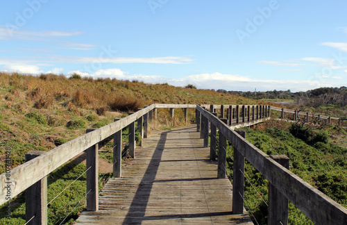 Wooden boardwalk through a natural landscape at Swan Lake on Phillip Island  Victoria  Australia