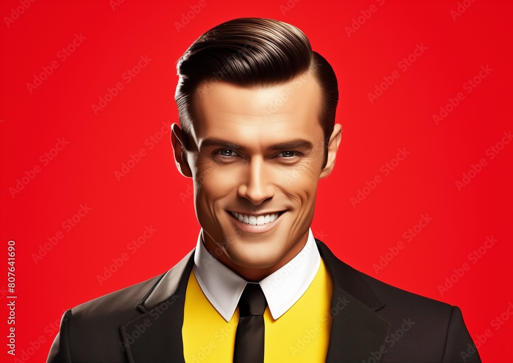 Smiling Retro Businessman Portrait with Slick Hair over Red Background