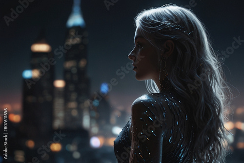 Beautiful blonde girl influence in the night city background. 