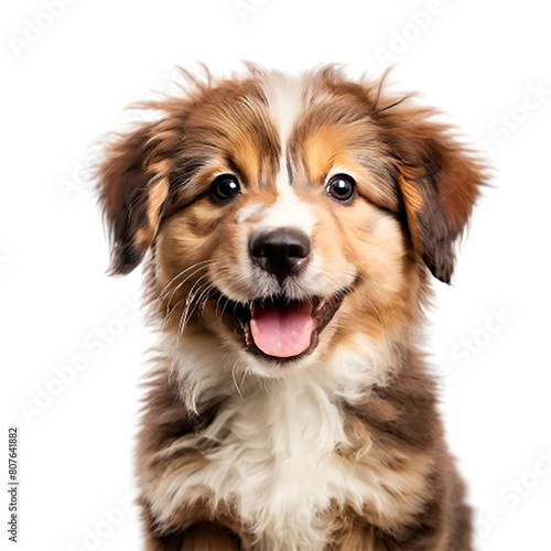 Cute fluffy portrait smile Puppy dog that looking at the camera isolated on clear PNG background, funny moment, lovely dog, pet concept. 