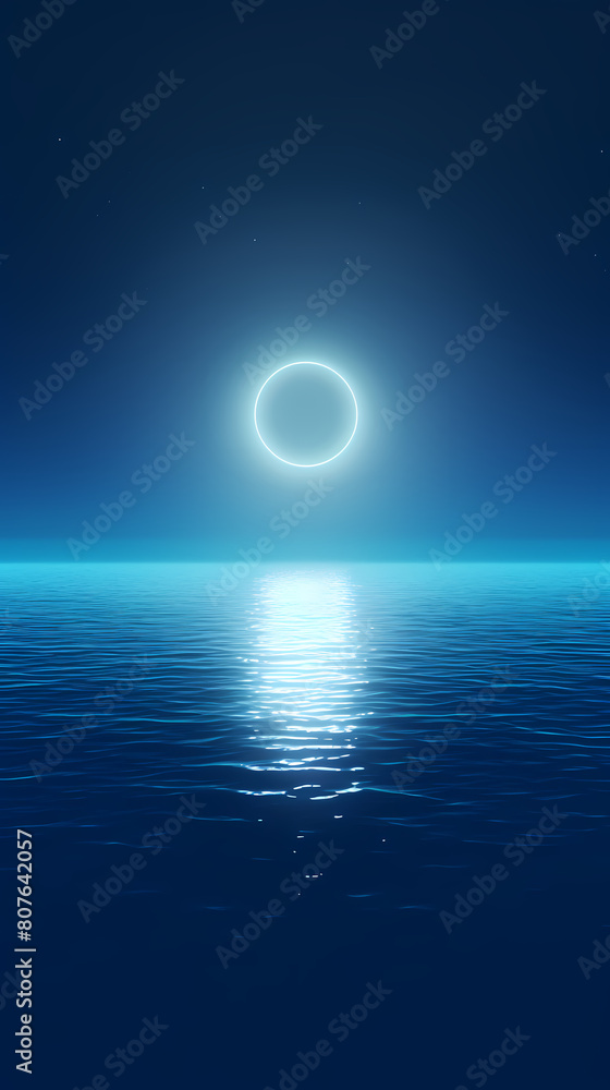 Glowing blue neon ring floating on water