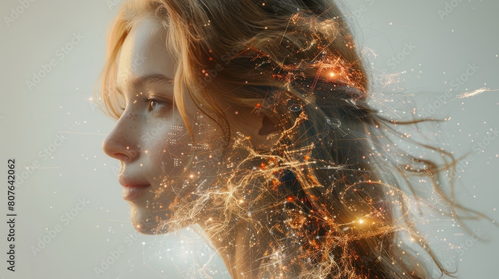 Obraz premium A collage photo generated from generative artificial intelligence of a business woman storing her personal information on her head with modern technology