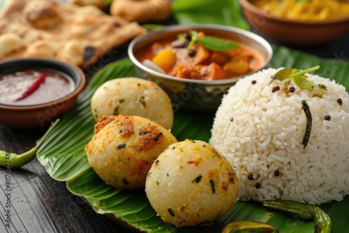 South Indian Traditional Cuisine Served on Banana Leaf, Freshly Prepared and Inviting on the Occasion of Cultural Festival.