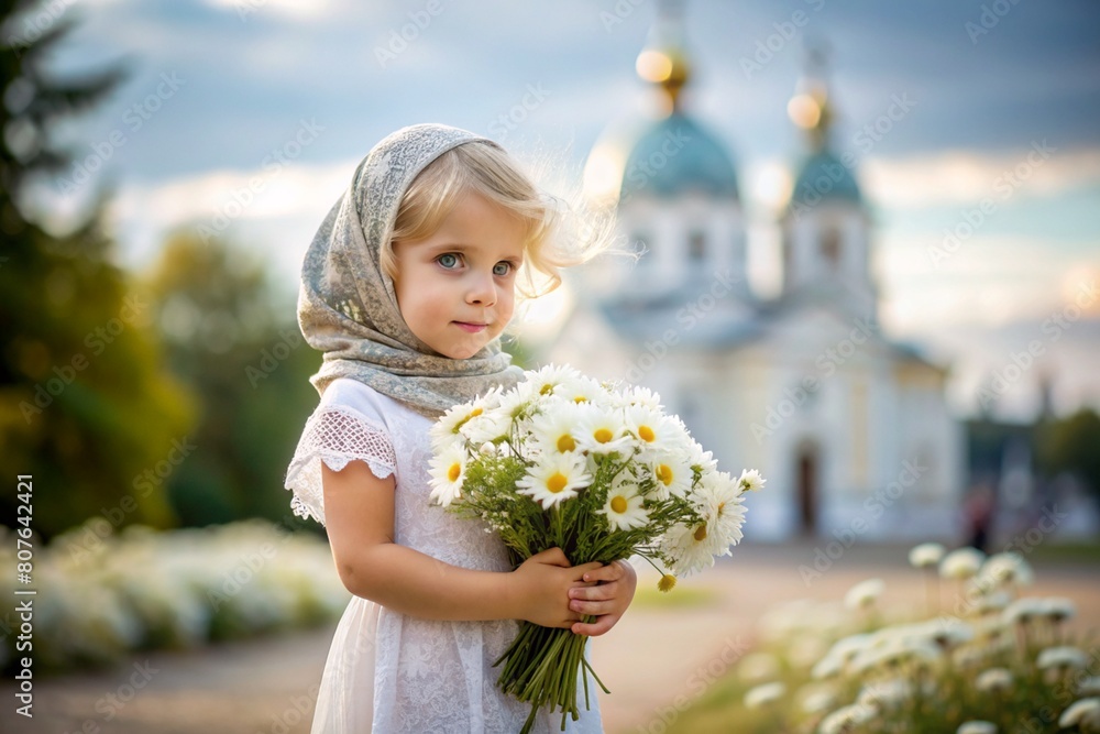 Russian day of family, love, fidelity. A beautiful little curly-haired girl in a Russian shawl with a bouquet of daisies on the background of an Orthodox church. Russian day of family, love, fidelity. A beautiful little curly-haired girl in a Russian shawl with a bouquet of daisies on the background of an Orthodox church.
