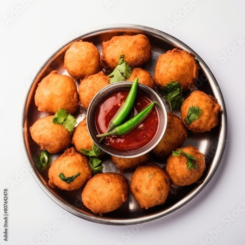Indian dish batata vada served in a plate with chilli and red sauce.