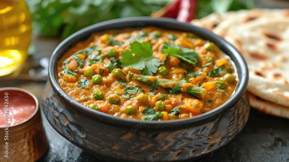Closeup view of Mouth-watering Indian Dish, Drumstick Curry Served with Flat Bread, Ready to Be Enjoyed, Closeup view of Mouth-watering Indian Dish, Drumstick Curry Served with Flat Bread, Ready to Be Enjoyed,