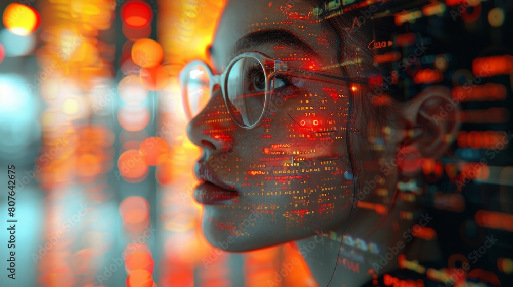 Obraz premium An AI collage photo of a businesswoman using modern technology to store personal information in her head