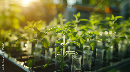 A row of plants in a greenhouse with a bright sun shining on them. The plants are in small plastic containers and are growing in a greenhouse