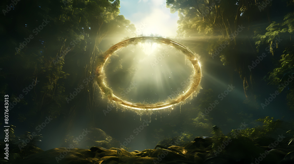 Obraz premium There is a huge golden halo in the center that hangs above the trees and vines