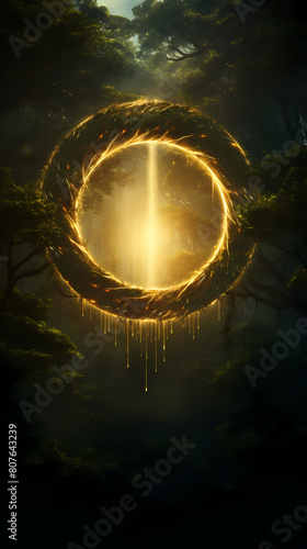 There is a huge golden halo in the center that hangs above the trees and vines