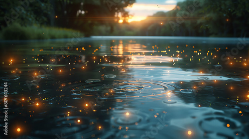 Glowing fireflies illuminate a peaceful evening by the lake  their light reflecting off the calm waters under a fading sunset sky.