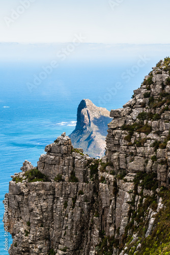 View of Hout Bay peak showing from begin a rock cliff in table mountain national park in Cape Town South Africa