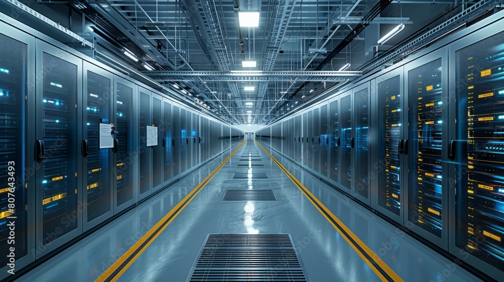Naklejka premium Corridor in Data Center with Racks and Supercomputers with Internet Connection Visualization