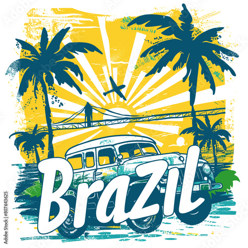 A picture of a car and a man standing on a bridge with palm trees in the background. The words BRAZIL are written below the image