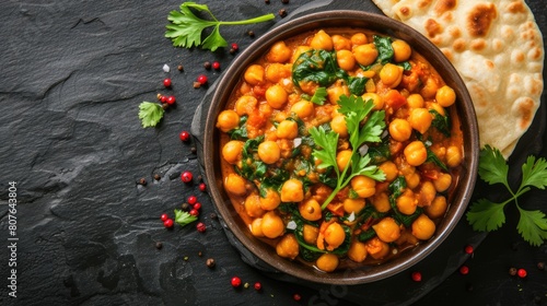 Top View of Spicy Indian Chickpea Curry with Flatbread or Nan Served on Dining Table, Inviting the Viewer to Enjoy a Serving of This Delectable Dish.