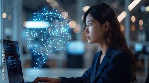 A woman in a formal suit working in a computer lab with a polygonal brain shape of artificial intelligence with smart city Internet of Things, AI and business integration icons