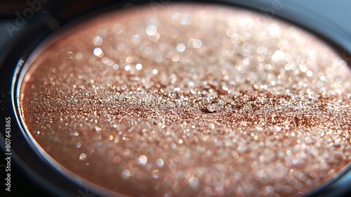 A close-up of a shimmering highlighter compact, catching the light just right.