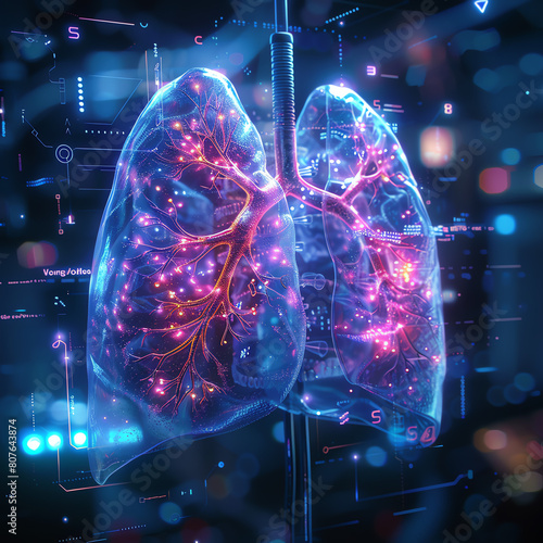 Highly detailed, futuristic digital illustration of human lungs, showcasing a vibrant network of airways and blood vessels in a neon glow.