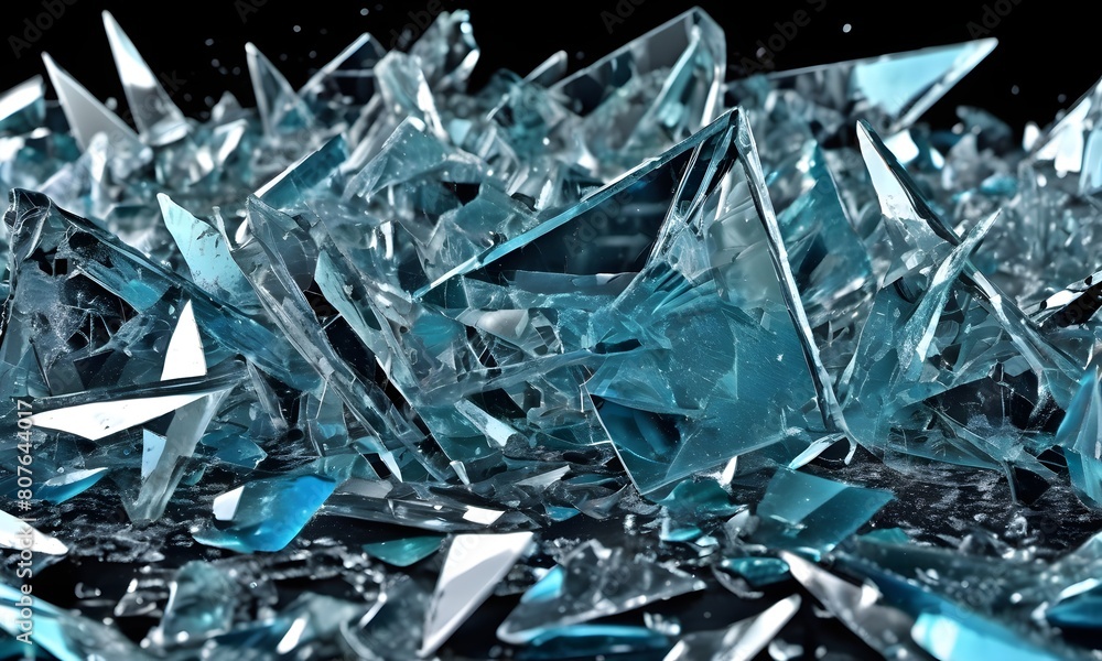 Abstract 3D rendering of exploding sharp glass shards in dark blue tone Abstract 3D rendering of exploding sharp glass shards in dark blue tone