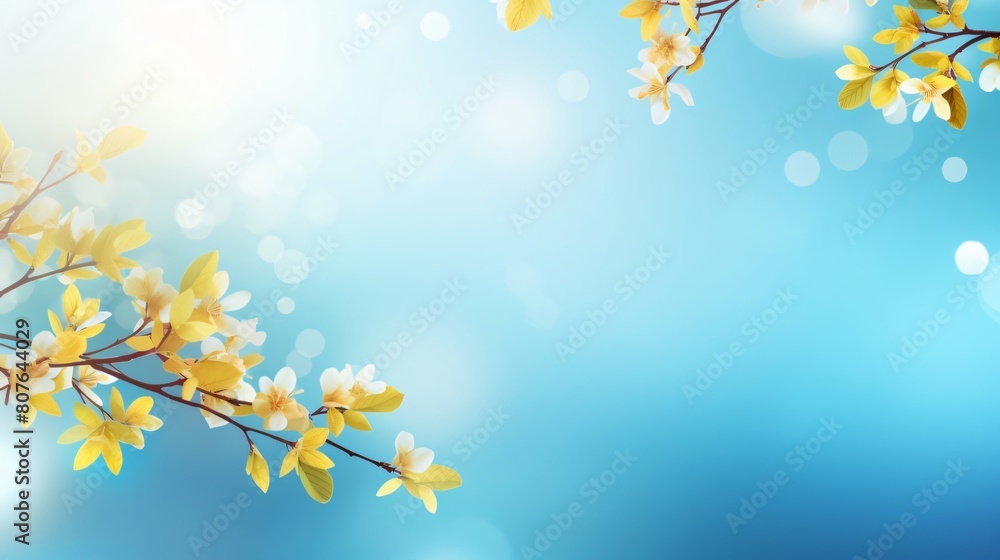 Abstract blurred spring background with green trees  blue sky and bokeh light effect