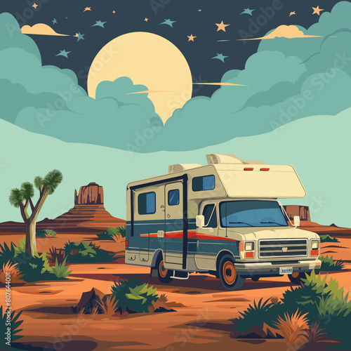 A white and blue camper van is parked in the desert. The sky is cloudy and the moon is visible in the background