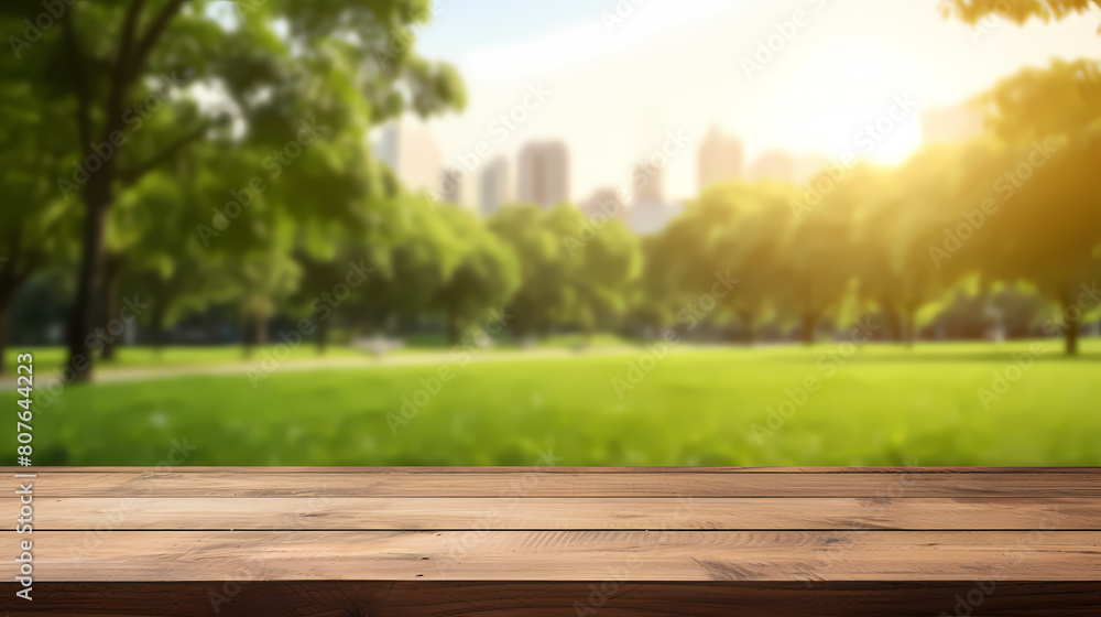 Empty wooden tabletop, spring park background Empty wooden tabletop, spring park background