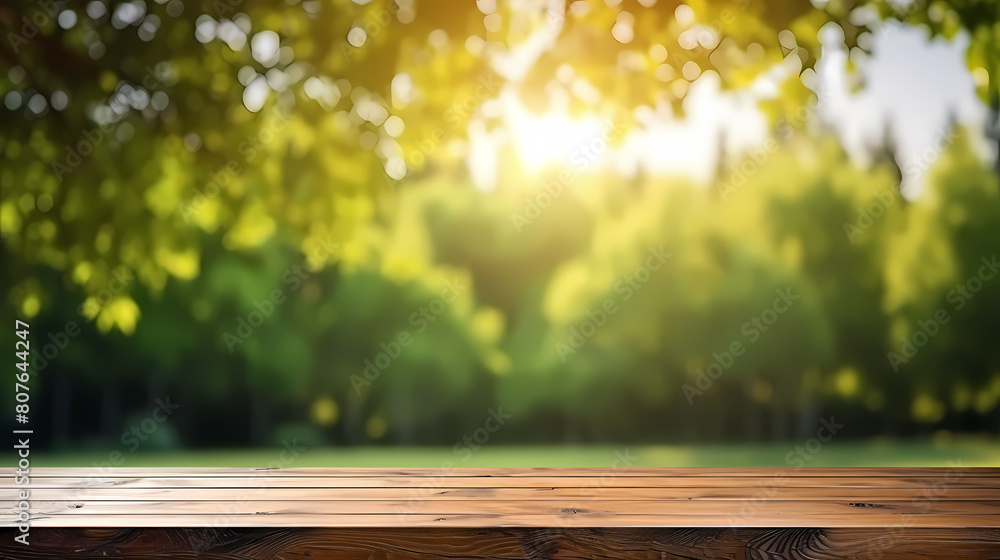 Empty wooden tabletop, spring park background Empty wooden tabletop, spring park background