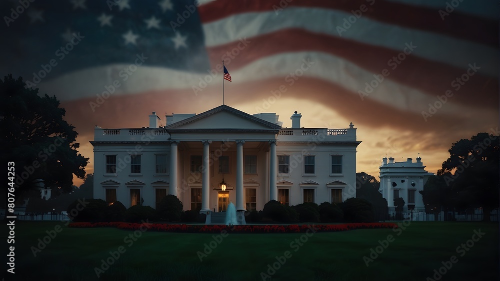 Naklejka premium American flag with dark and moody atmosphere, bright and vibrant colors glow against the backdrop of the White House, veterans day, memorial day, armed forces day