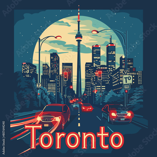 A cityscape of Toronto with a large moon in the sky. The city is lit up with lights and cars are driving down the street