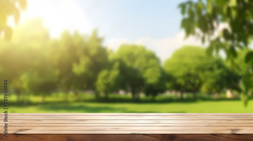 Empty wooden tabletop, spring park background Empty wooden tabletop, spring park background