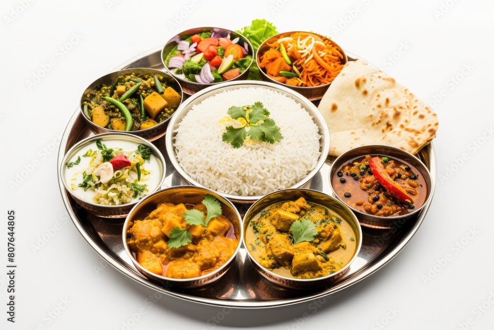 Top View, Selective Meal of Indian Thali (food platter) filled consists variety of veggies, lentils, rice, raita, roti and salad etc, beautifully presented and ready to be enjoyed.