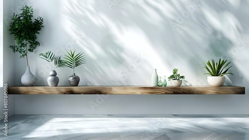 Modern living room with white wall wood floating shelf plants and vases. Concept Living Room Decor, White Wall, Wood Shelf, Indoor Plants, Vases © Anastasiia