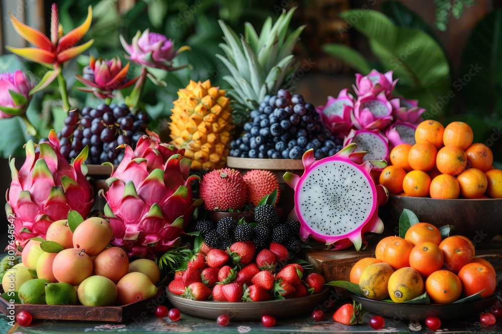 A vibrant display of exotic fruits, featuring dragon fruit, mangosteen, and kiwano, in a tropical setting.. AI generated. A vibrant display of exotic fruits, featuring dragon fruit, mangosteen, and kiwano, in a tropical setting.. AI generated.