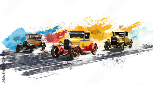 Antique cars running on the road illustration isolated on white background © prapann