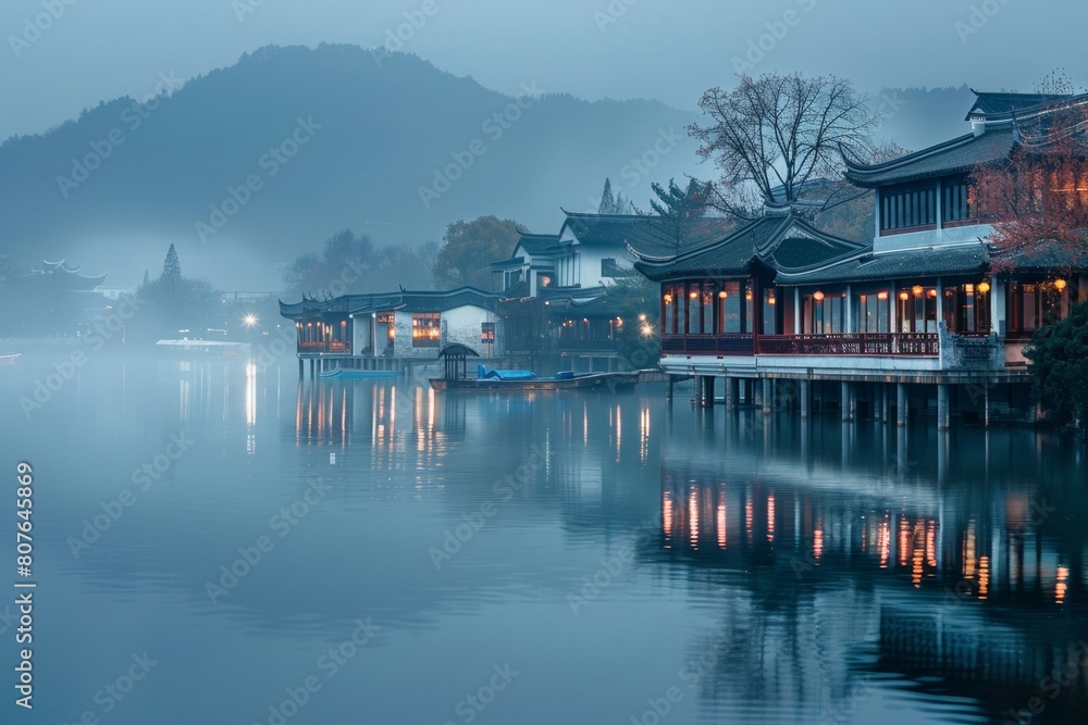 Traditional Waterfront Buildings with Evening Lights
