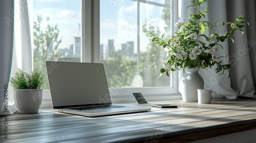 Wallpaper Mural A laptop and a cell phone are on a desk in front of a window with a potted plant Torontodigital.ca