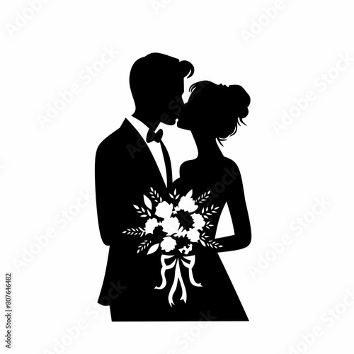 wedding bride and groom stand and kiss silhouette design. Suitable for wedding partai cover banner invitation